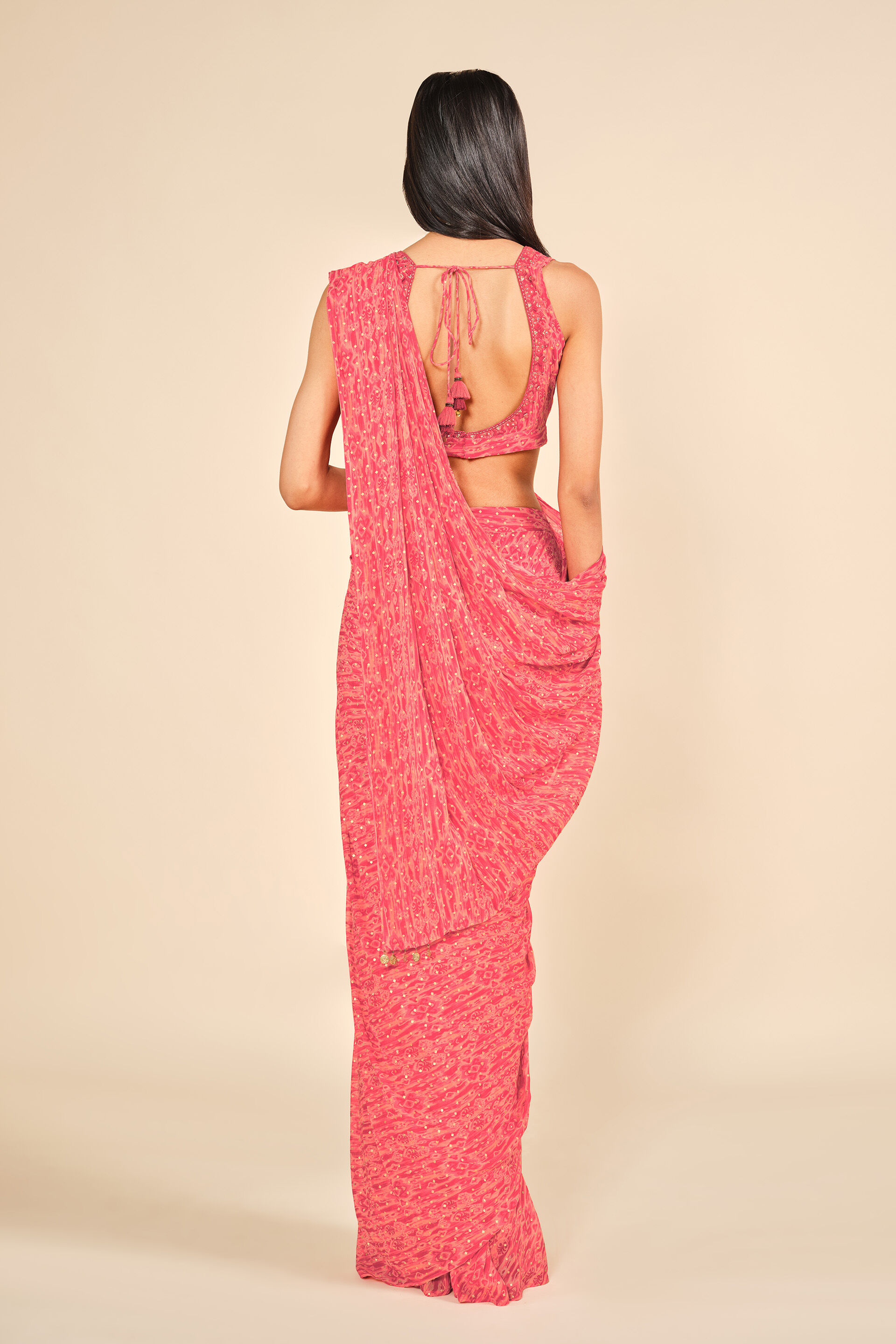 Palash Phool Pre-draped Saree, Coral, image 6